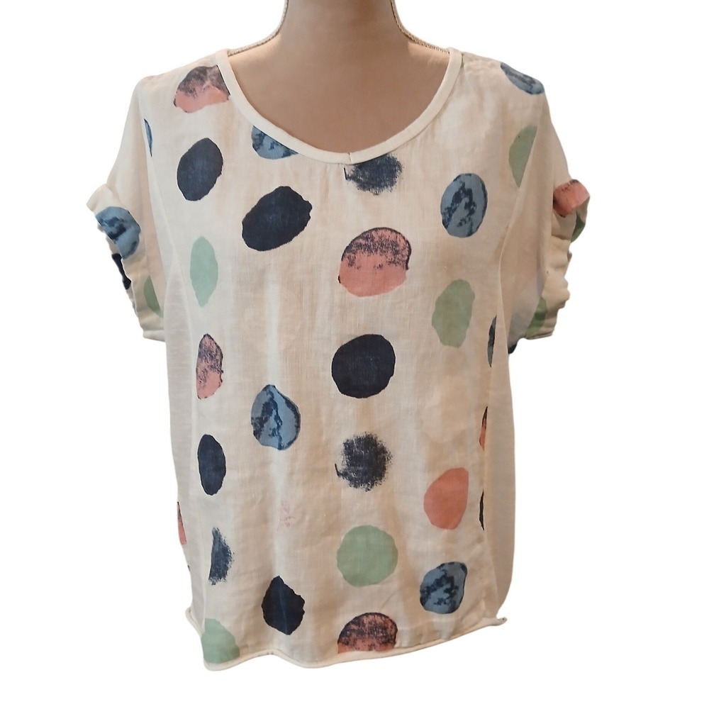 Liabella XL White Linen Polka Dot Short Sleeve Blouse Made in Italy Lagenlook